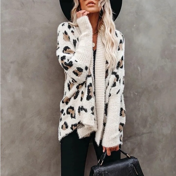 fuzzy women leopard animal print chunky knit jacket open front - Picture 15 of 15